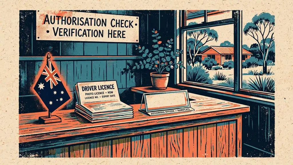 Reception desk with licence documents and Australian flag.