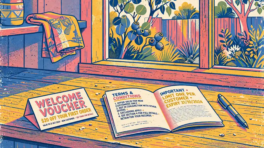 Bonus voucher next to terms booklet on a kitchen bench.